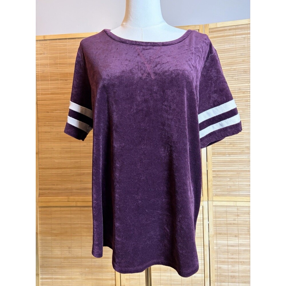 Women’s Purple Velour T-Shirt Top Round Neck Short Sleeve White Striped Sleeves
